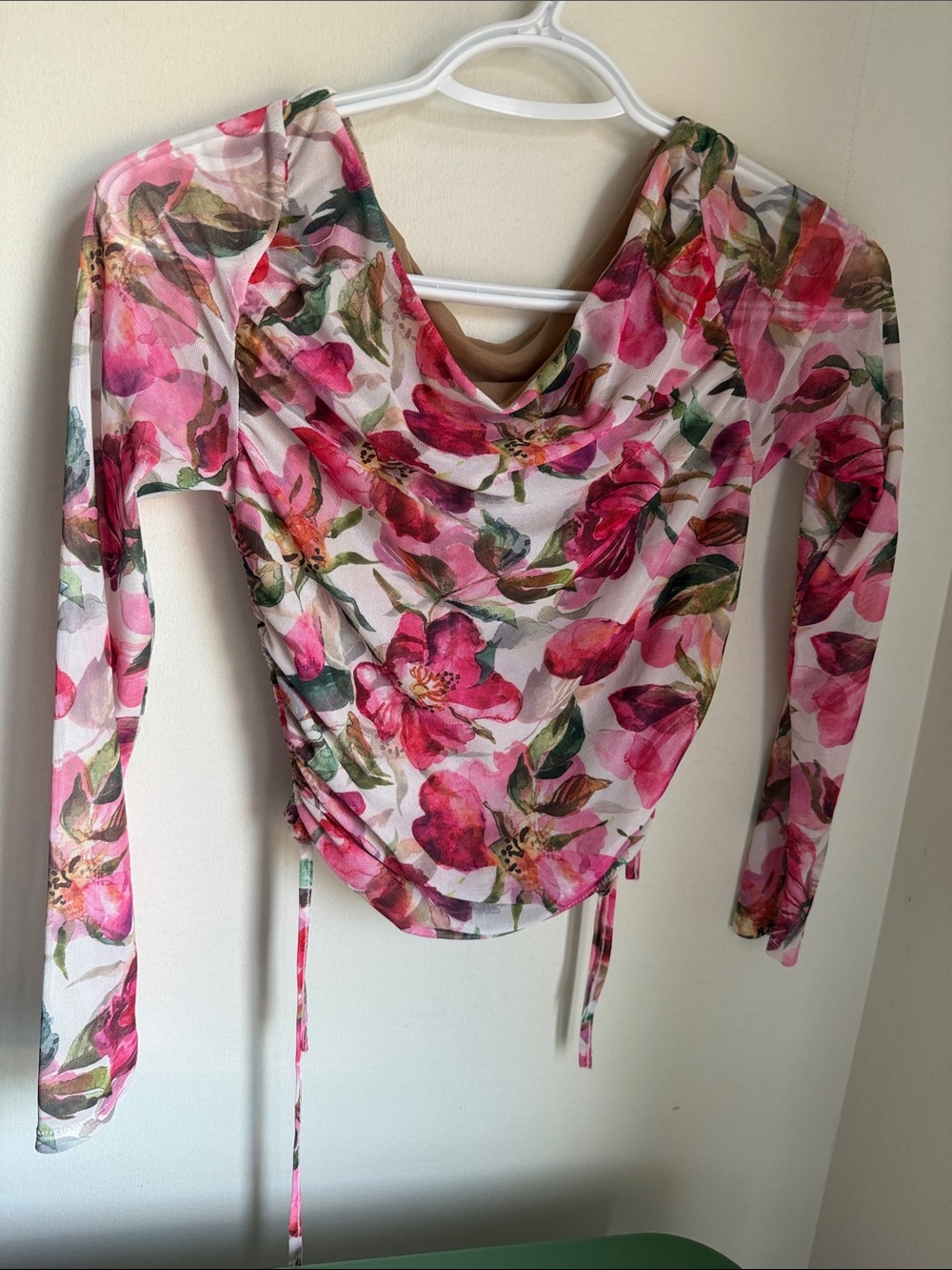 Pink Floral Cowl Neck Long Sleeve Top | Ruched Tie Front Blouse